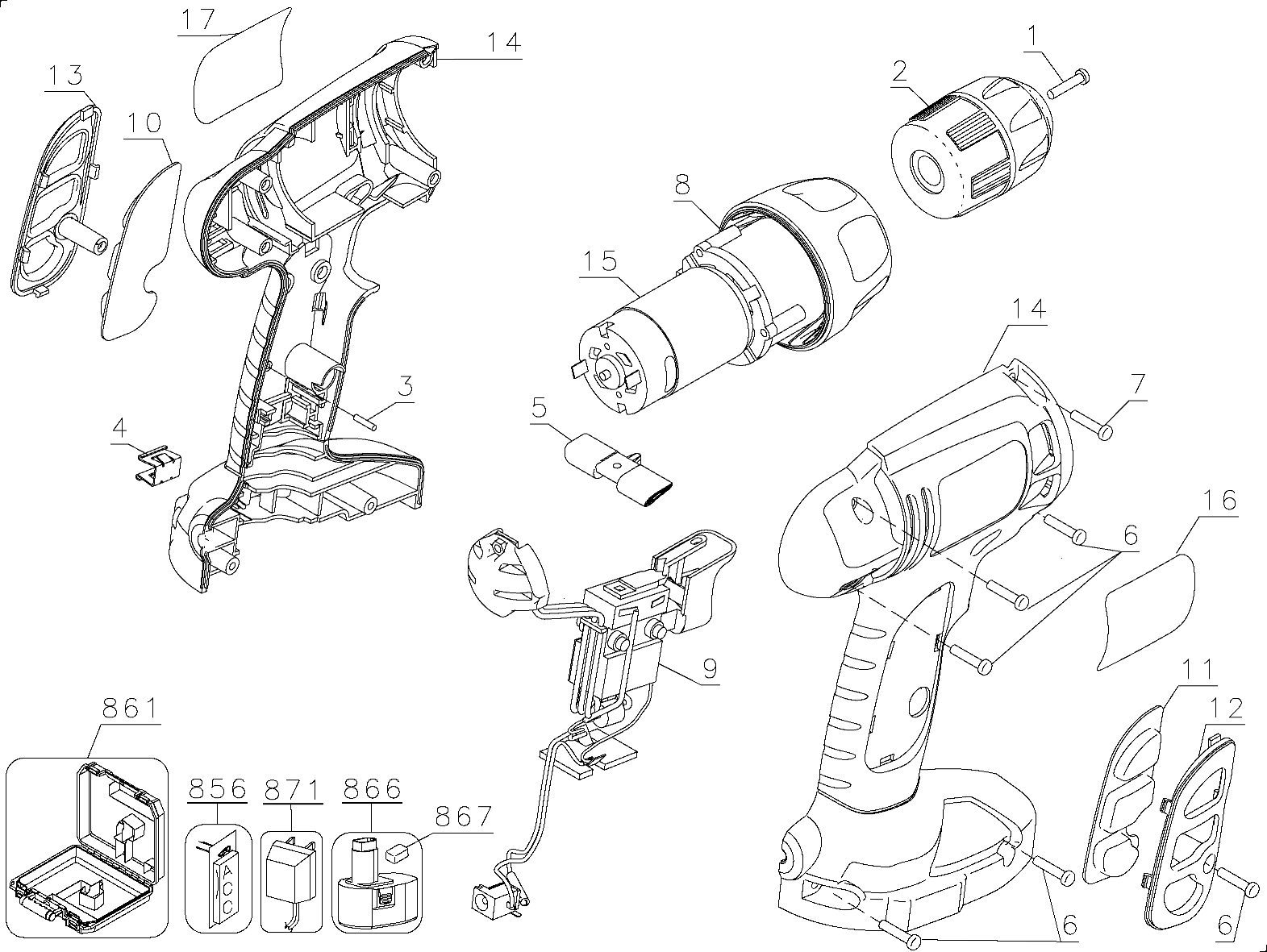 Default Diagram and Parts List for CD120GK Type 1 Black and Decker Boring Machine